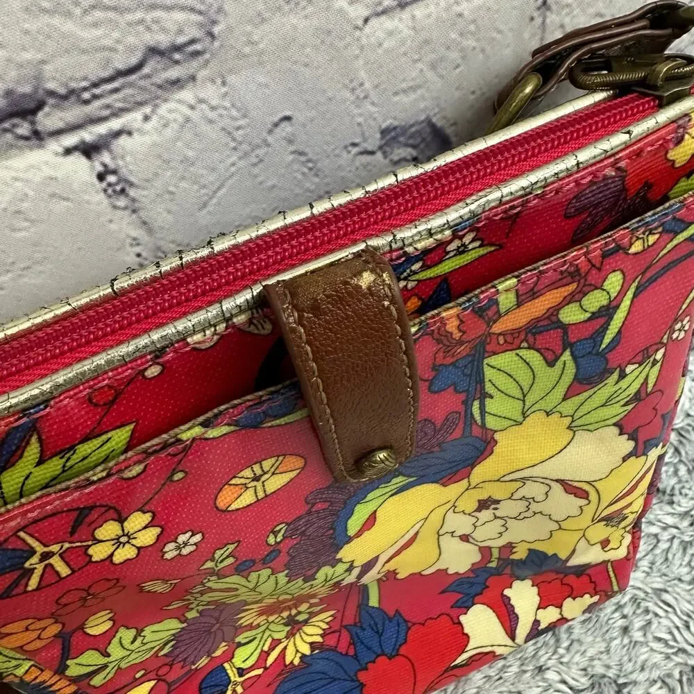 Sak Roots Artist Circle Flat Crossbody Purse Red Floral Brown Adjustable Strap